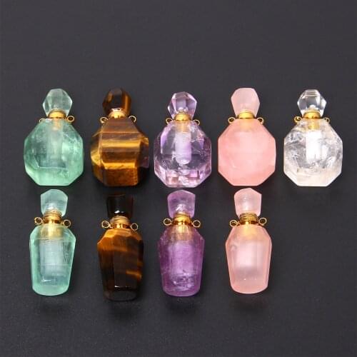 Gemstone Quartz Perfume Bottle Pendant Fluorite Natural Amethysts Charm Essential Oil Bottle Pendant for Jewelry Making Necklace
