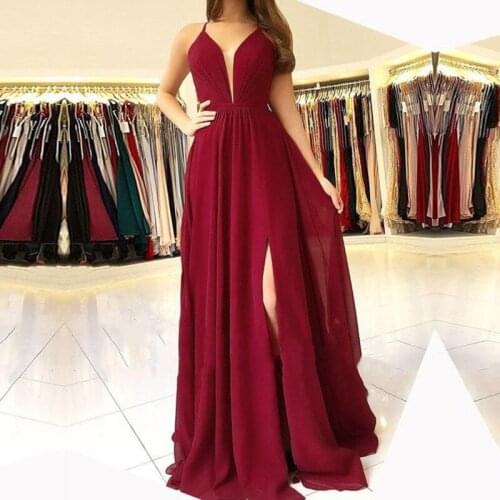 An057 Elegant High Split Formal Gowns Sexy V-Neck Sleeveless Spaghetti Straps Evening Dress Noble Robe De Soiree