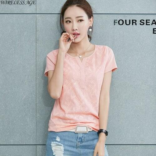 WIRELESS AGE T Shirt Women Short Sleeve V Neck Embroidered Slim Temperament Commute Female Tops 2021 New Summer Fashion Wild