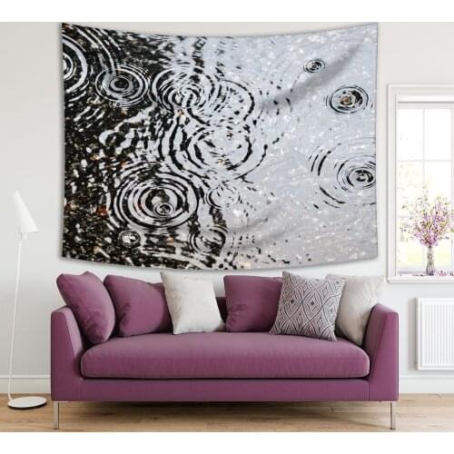 Tapestry Rain on Asphalt Road Creating Ripples Rainy Autumn Days Nature Photo Printed Gray Black