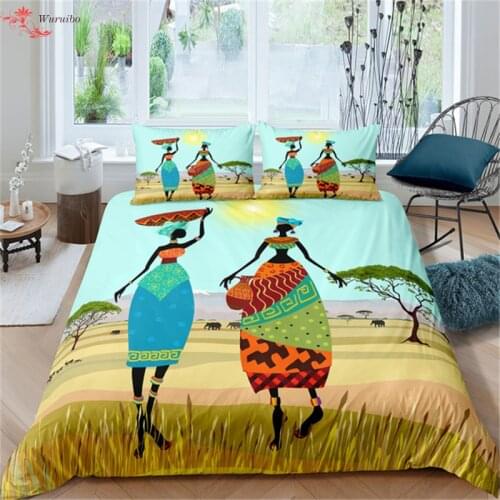 Homesky Africa Duvet Cover Set Retro Exotic Bedding Set Tribal Woman Quilt Cover Queen Red Orange Bed Set Geometric Home Textile