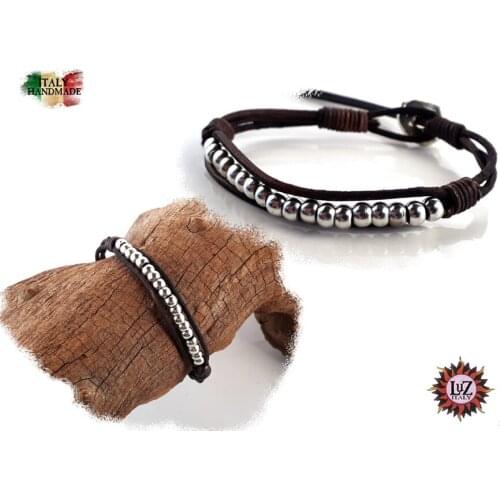 Bracelet leather mens dark brown natural and Nuggets metal adjustable--dark brown