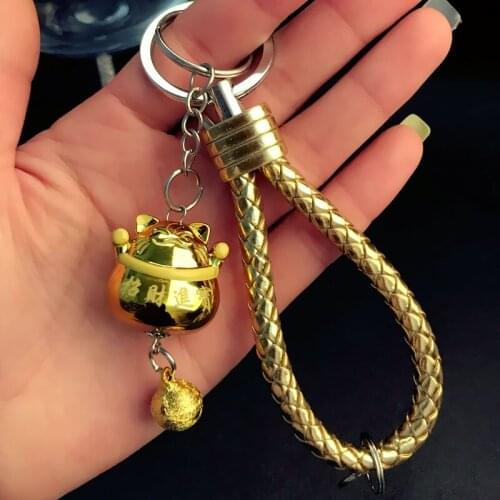 Dolls Toy Lucky Fortune Chain Cat Bell Leather Rope Keychain Ring Holder Women Bags Car Key chains Pendant Ornament Dad Mom Gift