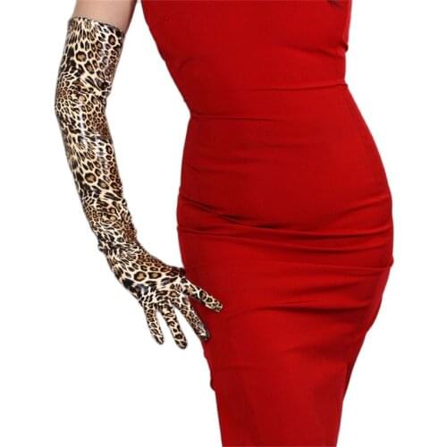Fashion Leopard Long Gloves 60cm Patent Leather Long Section Elbow Simulation Leather PU Leather Gloves Bright Leather Brown