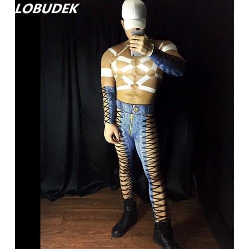 Male 3D False Muscle Printing Abdominal Muscles Elastic Cowboy Leotard Bodysuit Bandage Skinny Jumpsuit Club Bar Stage Costumes