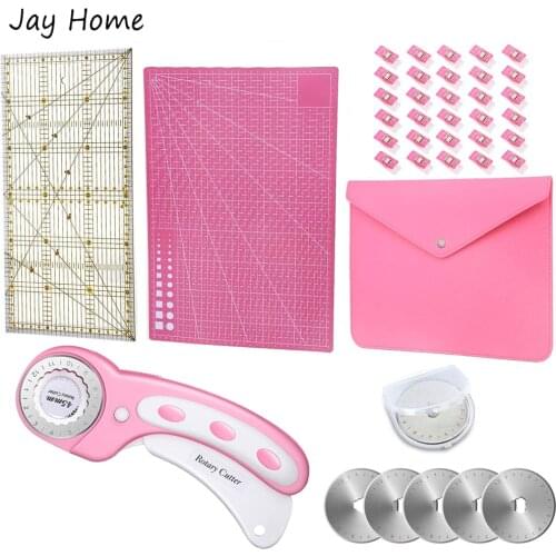 Pink 45mm Rotary Cutter Set with Storage Bag A4 Self Healing Cutting Mat Patchwork Ruler and Sewing Clips for Crafting Quilting