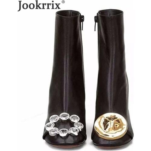 Jookrrix Warm Shoes Women Brand Martin Boots Rhinestone Real Leather Lady chaussure Metal Female footware Crystal with Fur Black