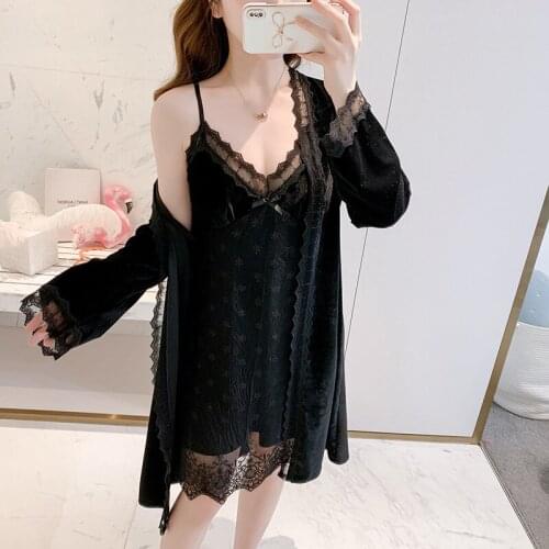 Autumn Velour Nighty&Robe Set Women Nightgown Sleepwear Sexy Lace Kimono Bath Gown Loose Casual Home Clothes Velvet Loungewear