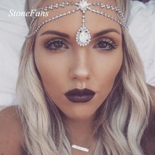 Stonefans Indian Crystal Head Chain Jewelry Tiara for Women Bohemian Wedding Rhinestone Forehead Headband Chain Bridal Headpiece