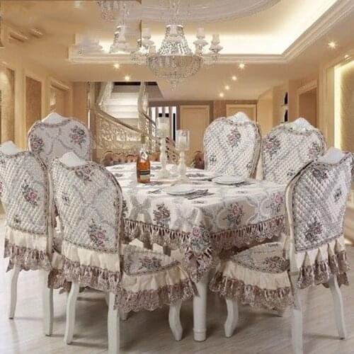 Luxury European-Style RRectangular Dining Table, Tablecloth, Chair Cover, Cushion Set, Exquisite Lace, Elegant Home