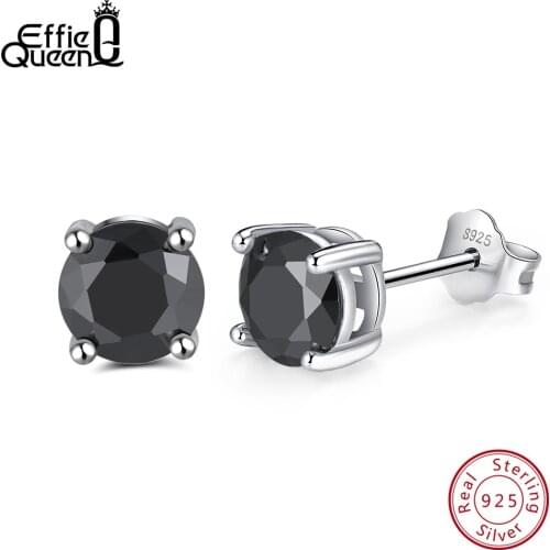 Effie Queen Trendy Black AAA Cubic Zirconia Stud Earrings Geometric Crystal Sterling Silver Jewelry For Women Men Fashion BE84-B