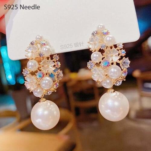 925 Sterling Silver Needle Dangle Drop Earrings for Women Jewelry Flower Pearls Elegant Luxury Fairy Female Earrings