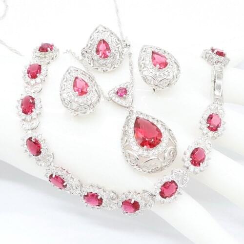 Stamp Silver Fashion Jewelry Sets For Women Light Red Stones Necklace Pendant Bracelets Earrings Rings Christmas Gift