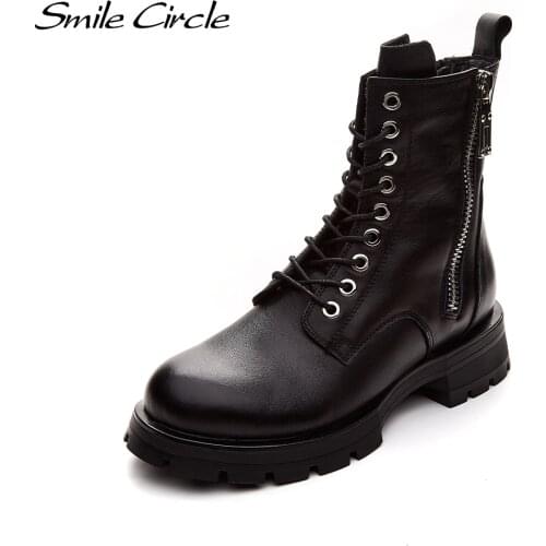 Smile Circle Cow Leather Ankle Boots Women Platform Boots Cow Leather Ladies Shoes zipper Short Motorcycle Boots Autumn