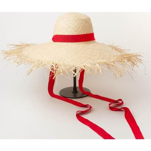 Spring and Summer New Handwoven Dome Hair Side Band with Raffi Straw Hat Outdoor Shade Beach Raffi Straw Hat