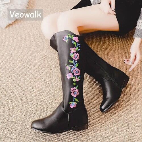 Veowalk Good PU Leather Flower Embroidered Fashion Winter Women Black Mid Calf Boots Ladies Warm Fur Flat Shoes Zapato Mujer