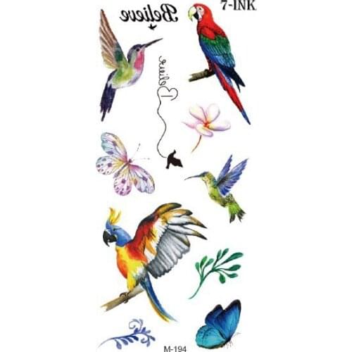 Waterproof Temporary Tattoo sticker butterfly Hummingbirds parrot color birds tattoo Water Transfer fake tatoo for men women