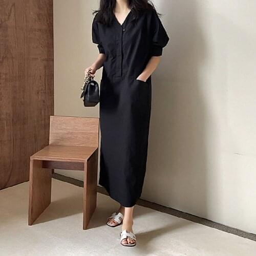 2021 Summer New Korean Fashion Design Simplicity Solid Color V-neck Puff Sleeve Pocket Loose Casual Solid Color Japanese Style