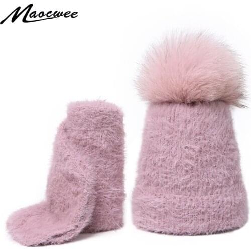 Winter Scarf Beanie Set With Real Fox Fur Pom Pom Children Female Warm Wool Hat Crochet Beanie Knitted Soft Solid Elasticity Set
