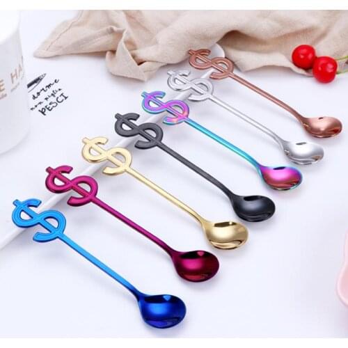 1Pcs Colorful Stainless Steel dollar shape Spoon Creative Milk Coffee Spoon Ice Cream Candy Teaspoon accessorie