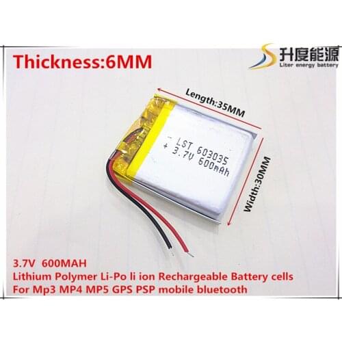 3.7V 600mAh 603035 Lithium Polymer Li-Po li ion Rechargeable Battery cells For Mp3 MP4 MP5 GPS mobile bluetooth