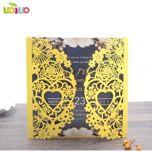 50pc High Quality Invitation gold Glitter Card craft laser cut heart folded wedding party birthday invitation card