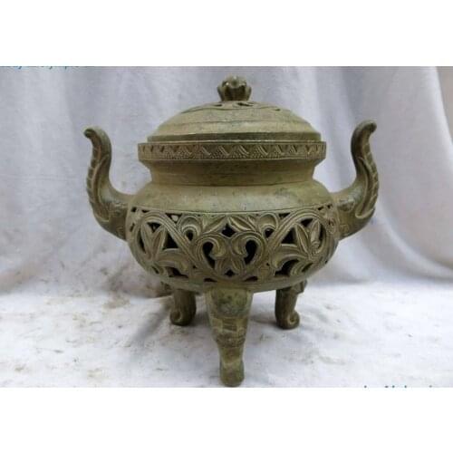 8" China bronze copper carved elephant three foot Incense burner censer Statue
