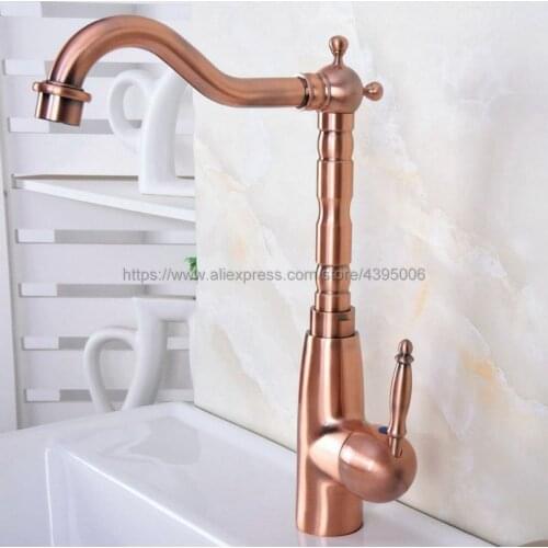 Antique Red Copper Bathroom Sink Faucet Swivel Spout Basin Mixer Tap With Hot and Cold Water Bnf636