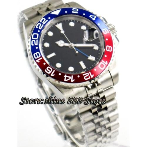 40mm PARNIS black sterile dial bezel Jubilee steel strap Sapphire Blue GMT automatic mens watch