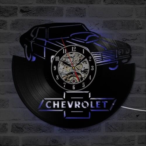 Car Logo Chevrolet Vinyl Record Clock Creative Wall Art Hanging Clock Retro Home Decor Modern Design LED Wall Clock