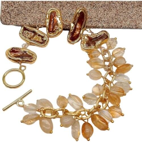 YYGEM Gold Filled Brown Biwa freshwater Pearl Natural Freeform Citrine Chain Bracelet 8" handmade for women