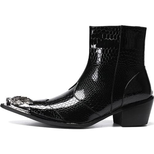 British high boot black and white men winter boots cowhide mens boots Pointy ankle boots with varnished leather embossing