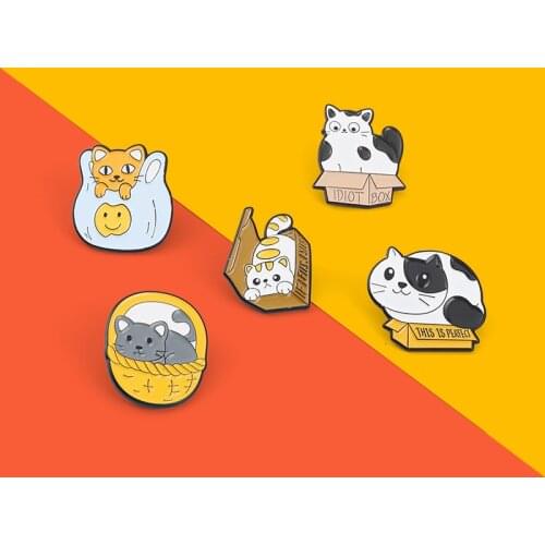 Fat Cat Box Basket Enamel Pins This Is Perfect Bag Brooch Lapel Badge Funny Animal Quote Jewelry Gift For Kids Friends Wholesale
