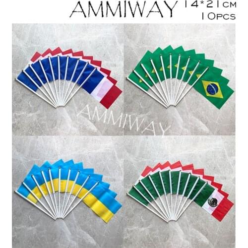 AMMIWAY 14x21cm 10pcs France Brazil Small World Country Hand Flags Ukraine Mexico Hand National Flag with Pole Waving Flag