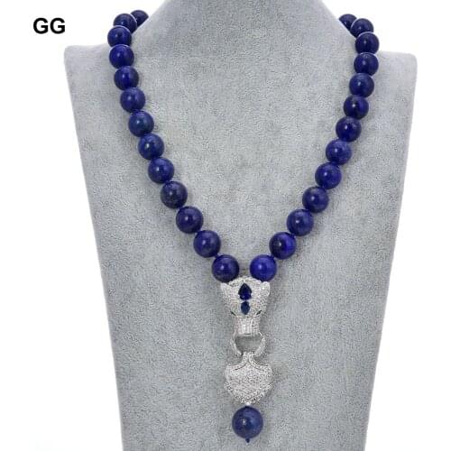GuaiGuai Jewelry Natural 14MM Blue Smooth Round Lapis Lazuli Necklace CZ Pave Pendant 19'' For Women
