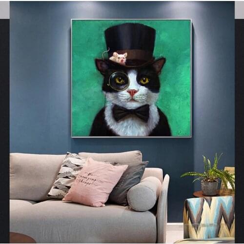 Animal Pictures A cat and a mouse with glasses Oil Painting Canvas Posters and Prints Cuadros Wall Art Pictures For Living Room