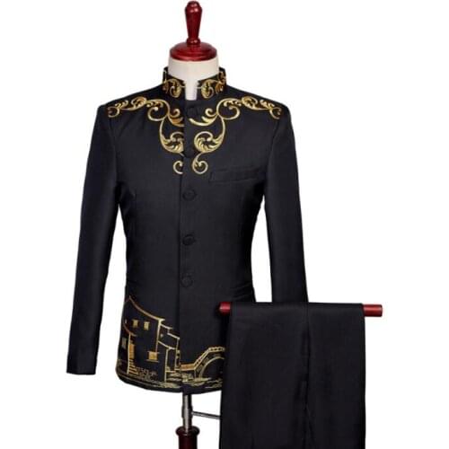 Chinese tunic suit mens wedding suits stand collar coustume homme black white red singer star style stage clothing formal dress