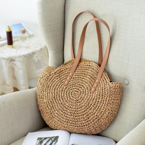 Summer Round Straw Shoulder Bag Women Large Capacity Handbag Handmade Weaven Beach Bags Fashion Rattan Handle Bag Vacation Tote
