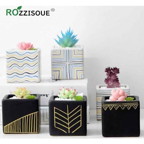 Matte Black White Square Ceramic Small Pots Striped Planters for Plants Pot Creative Desktop Potted Flower Succulent Pot Maceta