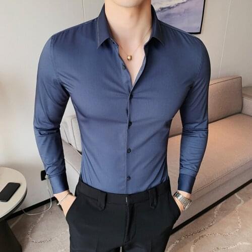 2021 British Style Solid Color Shirt Men Autumn Long Sleeve Slim Business Formal Dress Shirts Casual Social Party Male Clothing