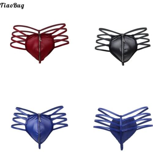 TiaoBug Men Faux Leather Zipper Bulge Pouch G-String Briefs Low Waist Strappy T-Back Hollow Out Thongs Underwear
