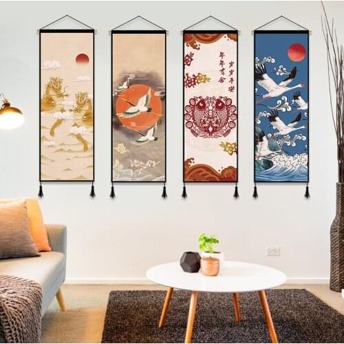 Chinese Style Wall Art Decor Aesthetic Canvas Paintings Living Room Scroll Painting White Crane Landscape Wall Hanging Posters