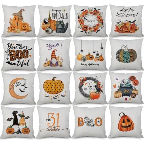 Happy Halloween Cushion Covers Pumpkin Bat Boo Beige Linen Pillowcase 45X45cm Sofa Decoration
