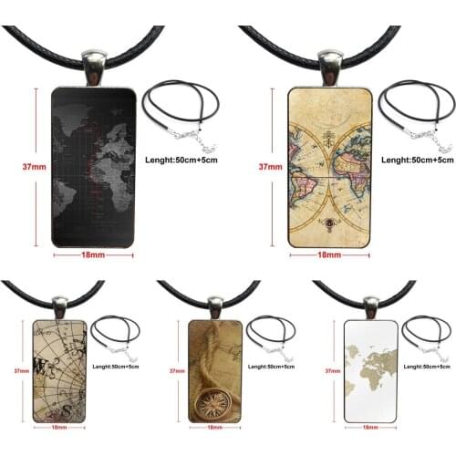 For Girls Gift Glass Cabochon Choker Pendant Rectangle Necklace Steel Color Jewelry Ravel World Map