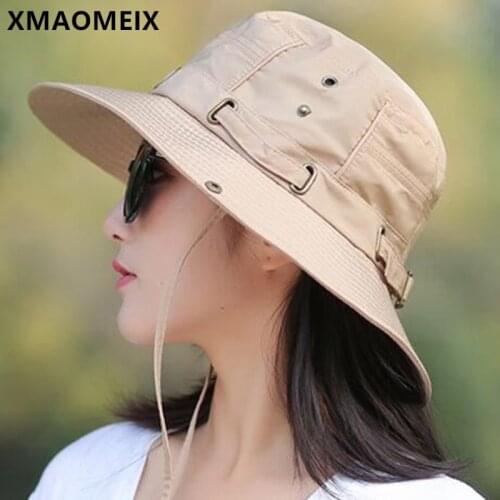 XMAOMEIX Spring And Summer Sunscreen Bucket Hats For Women Foldable Solid Beach Hat Wind Rope Fixed Anti-UV Womens Fishing Cap