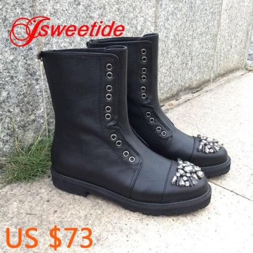 Womens Sexy Shoes Womens Boot Winter Fashion Quality Motorcycle Boots Brand Crystal Leather Shoes Winter Genuine Leathe Boots