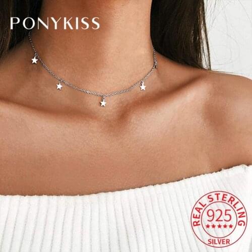 PONYKISS Romantic 100% 925 Sterling Silver Chic Star Cross Disc Moon Choker Necklace Women Party Jewelry Accessories Gift