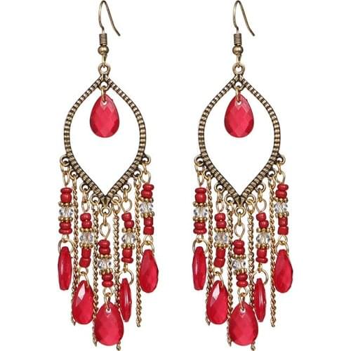 Retro Long Beads Tassel Hanging Earrings for Womens long Bohemian style Resin Stone Earrings National Indian Turkish Jewelry