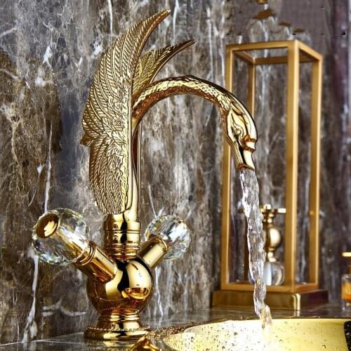 Luxury gold Swan Artistic brass crystal bathroom sink faucet Golden single hole two handle cold hot basin mixer faucet tap