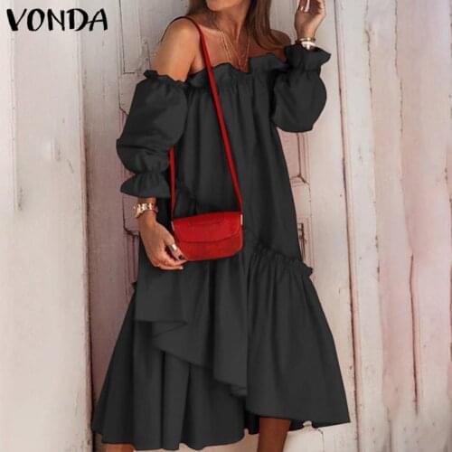 Sexy Lace Pleated Dress Women Off The Shoulder Irregular Hem Dress VONDA 2021 Bohemian Robe Midi Length Vestidos